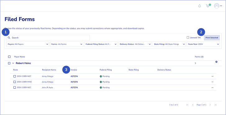 efile4Biz Dashboard Filed Forms