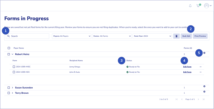 efile4Biz Dashboard Forms in Progress